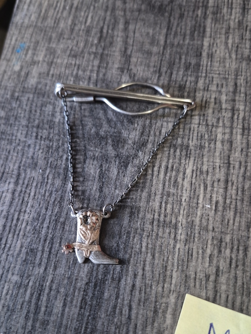 Tie Clip/ Pin MEXICANA Silver-Tone Cowboy Boot Brooch with Chain